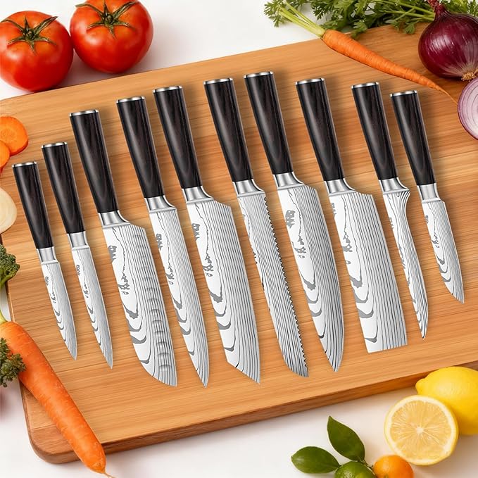 10-Piece Premium Japanese Kitchen Knife Set - Imperial Collection, Laser Damascus Pattern, 440A Stainless Steel Ultra Sharp for Fast Cutting (Redwood 10J)