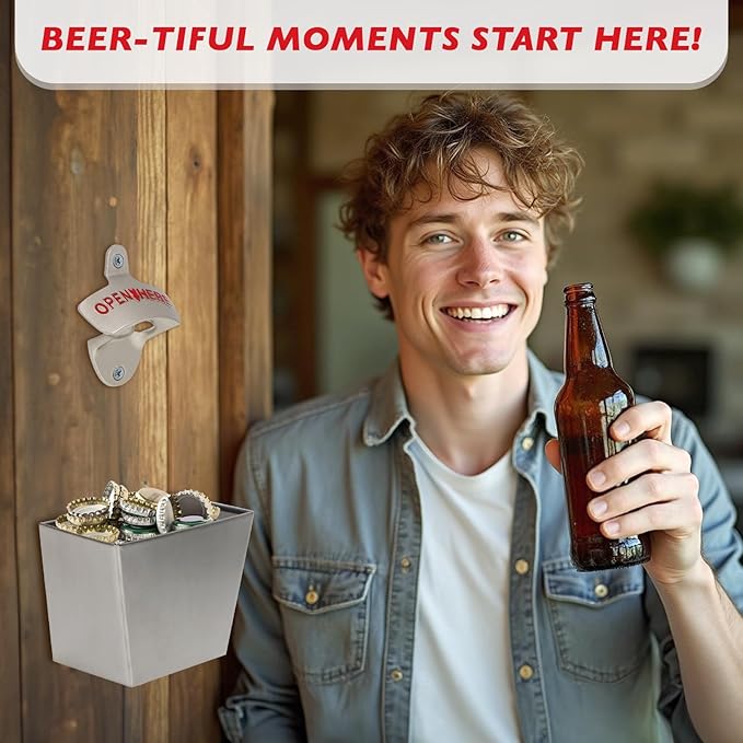 kilofly 2 SETS Beer Bottle Opener Cap Catcher Bucket Man Cave Gift Wall Mounted