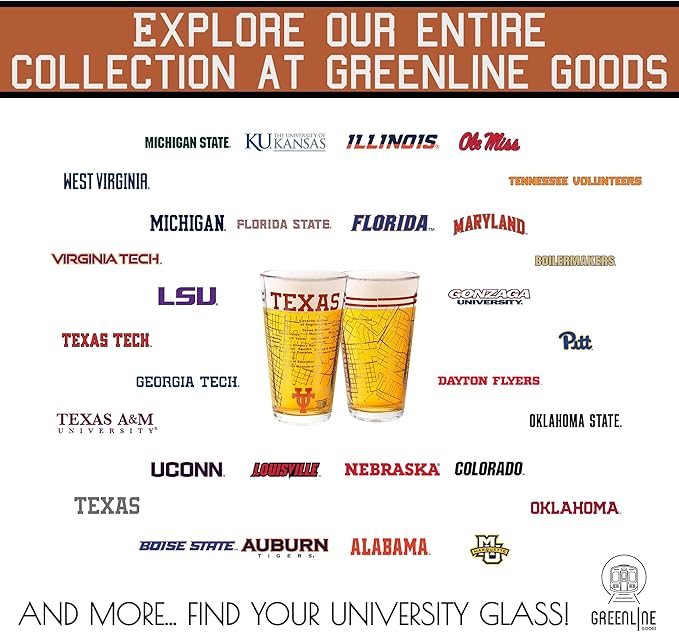 Greenline Goods – University of Texas Longhorns College Pint Beer Glasses (Set of 2), 16 oz – Full-Color Logo + Campus Map