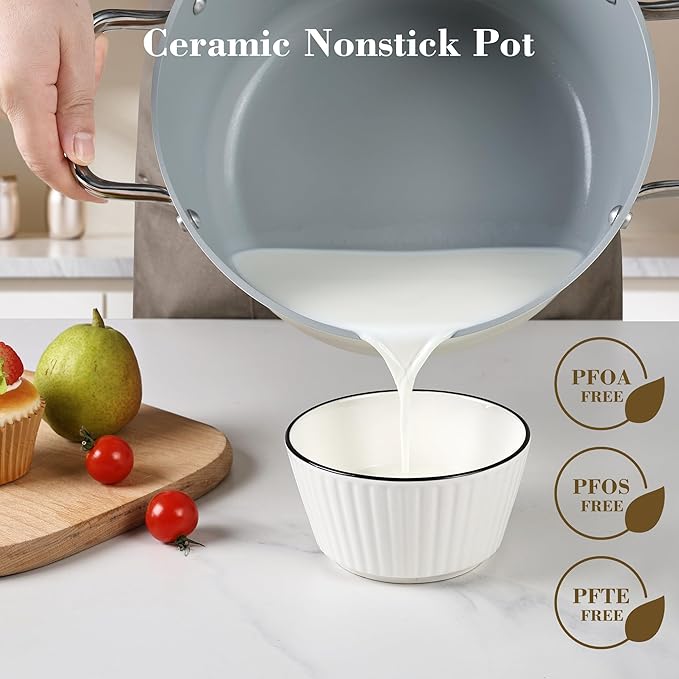Ceramic 5 Qt Nonstick Stock Pot with Lid, Soup Pot, Easy to Clean Non Stick Pasta Pot, PFOA PFAS PTFE Free, White