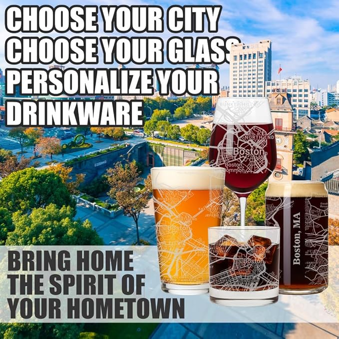 Blue Ridge Mountain Gifts - Boston Souvenir - Massachusetts Glassware Gift, Etched City Map, Laser Engraved and Dishwasher Safe
