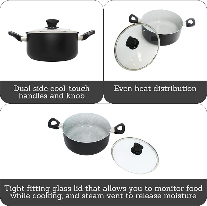 IMUSA 3 Qt Gray Speckled Ceramic Caldero Dutch Oven Stock Pot with Glass Lid – Nonstick Rice, Soup, Stew Pot for Hispanic Cooking, Vegetables, Pasta & Everyday Meals