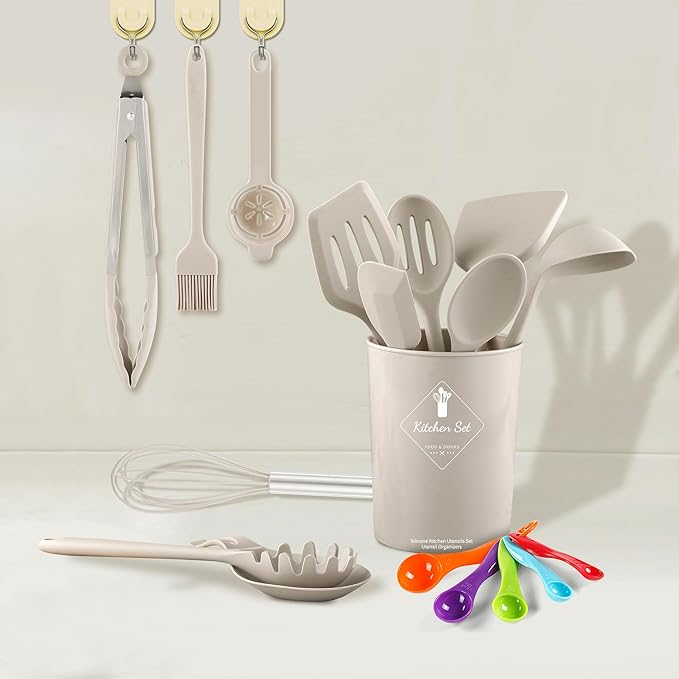 18 Pcs Cooking Utensils Set, Kitchen Utensils Set with Utensil Holder, 446°F Heat Resistant Silicone Spatula Set, Kitchen Gadgets Tools Set for Nonstick Cookware BPA FREE