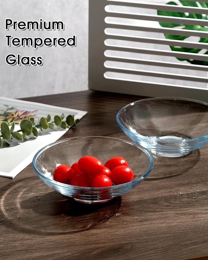 NUTRIUPS 2 Pack 7 inch Tempered Glass Bowls, 14oz Glass Cereal Bowls Set, Shallow Glass Dessert Serving Bowls, Clear Glass Bowls for Kitchen, Salad, Soup, Ice Cream and Candy