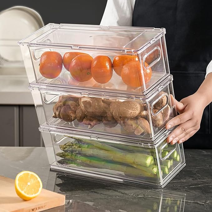 Eanpet 7Pack Clear Fridge Drawer Organizer Pull out Bins Stackable Refrigerator Organizer Bins with Handle for Kitchen Cabinet Organization Divided Produce Saver Container for Fruit Veggie Egg