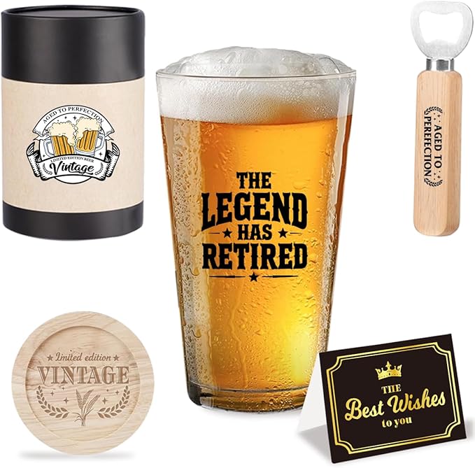 Retirement Gift for Women Men 2025 Coworker Leaving Gifts Happy Retired Gift Vintage Beer Drinking Glass Beer Lovers Farewell Goodbye Present for Women Men Father's Day