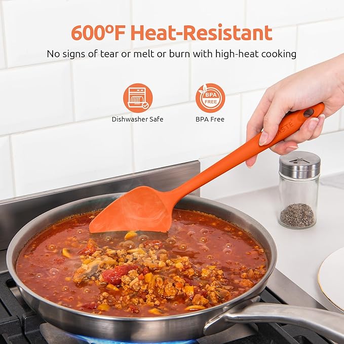 U-Taste Silicone Spatula Set: 600ºF High Heat Resistant, Seamless Food Grade Flexible Rubber Kitchen Cooking Mixing Baking Scraper for Nonstick Cookware Set of 3 (Orange)