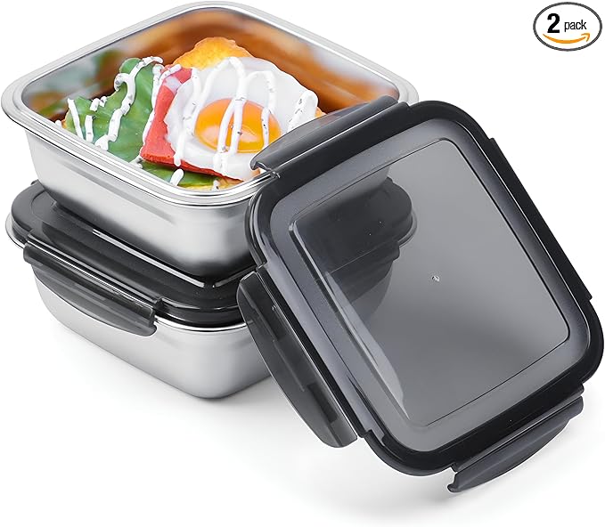 2 Pack Sandwich Containers, 24oz Stainless Steel Sandwich Box with Airtight Lids, BPA-Free, Dishwasher Safe, Durable & Reusable Metal Meal Prep Lunch Boxes for Fruits, Snacks, Bento (Black)