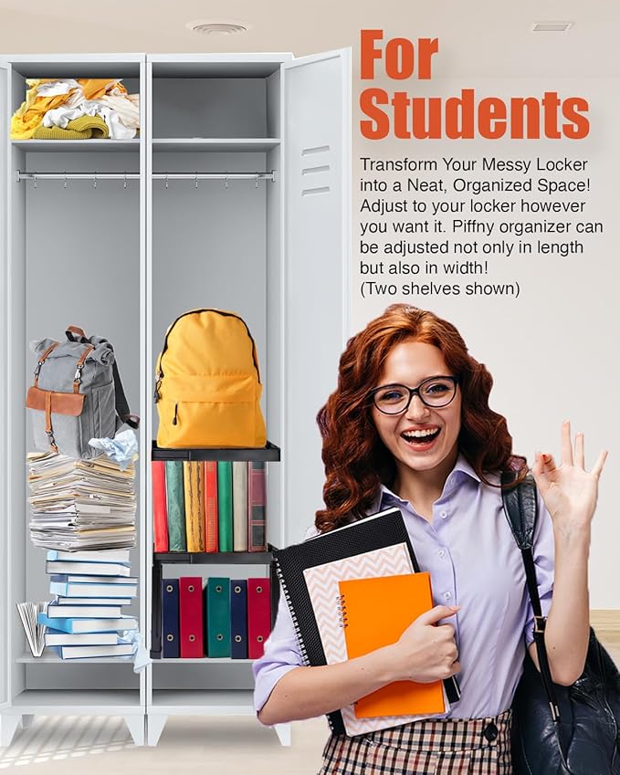 Locker Organizer Shelf， Adjustable Width and Height, Stackable, Ideal Locker Shelf for School, Office, Gym Lockers, or Even Kitchen Cabinets & Under Sink Organization (Black 2 Pack)