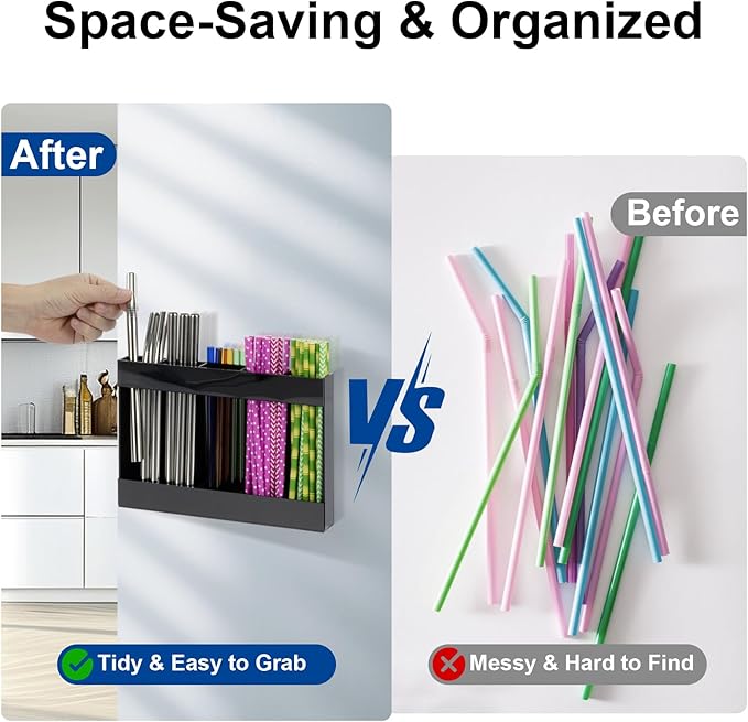 Upgraded Acrylic Straw Holder for Cabinet Door, Fridge & Countertop–Magnetic/Adhesive Dual Mount, Strong Hold, Space-Saving Straw Organizer with Adhesive Tape, Magnetic Sheet