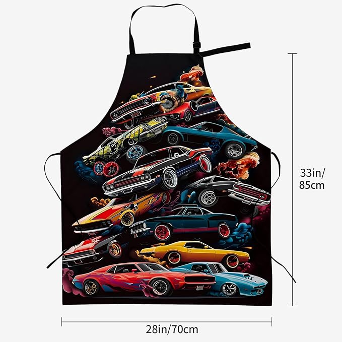 Muscle Cars Apron for Women, 28x33in, Kitchen Chef Aprons with 2 Pockets, Polyester, Black Vintage Sports Car Apron for Cooking BBQ Baking Gardening Chef, Gifts for Mom Wife Dad