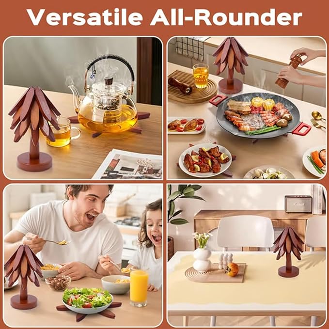 Natural Tree Trivet Set 4 Wooden Trivets and 1 Stand Like a Christmas Tree Wooden Hot Pads Heat Resistant Trivets for Kitchen Table Decor (Log-4 Piece)