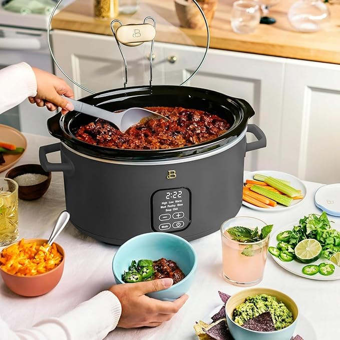 Beautiful 6 Qt Programmable Slow Cooker by Drew Barrymore - 5 Preset Cooking Functions, Digital Countdown Timer, Dishwasher-Safe Parts, and Cool-Touch Handles (Oyster Grey)