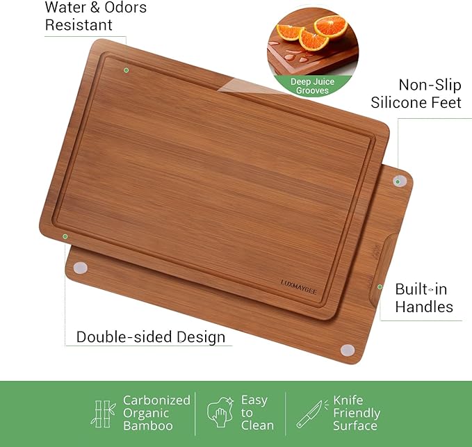 Bamboo Cutting Board for Kitchen, Wooden Cutting Boards 3-Piece with Deep Juice Groove Built-In Handles and Non-Slip Feet, Wood Chopping Boards Set for Meat Vegetables Fruit Ideal Gift for the Home