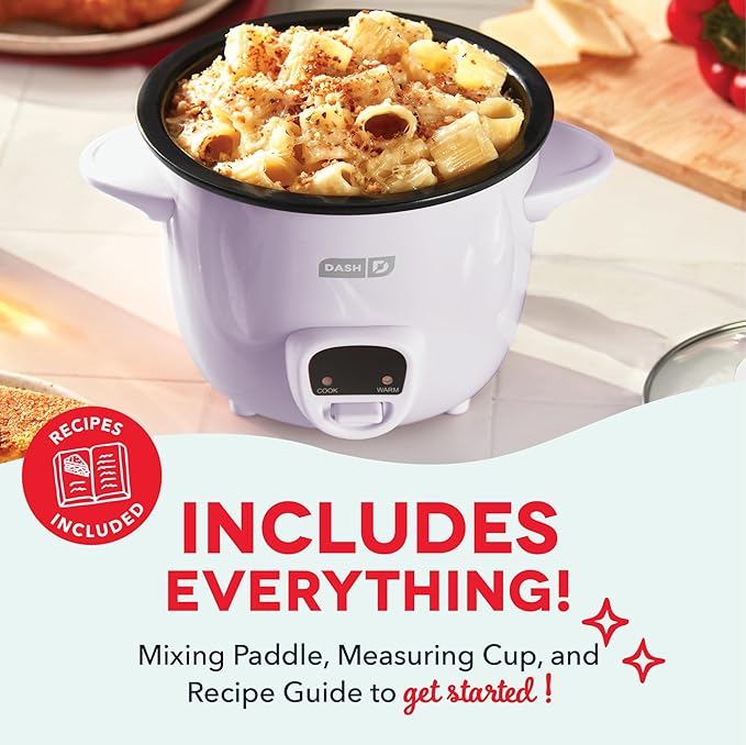 Dash Mini Rice Cooker Steamer with Removable Nonstick Pot, Keep Warm Function & Recipe Guide, 2 cups, for Soups, Stews, Grains & Oatmeal - Lavender