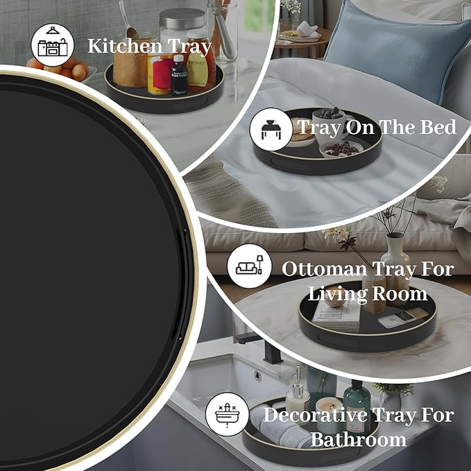 MAONAME Black Decorative Tray for Coffee Table, Modern Round Serving Tray with Handles, 13" Plastic Tea Trays for Ottoman, Bathroom Decor
