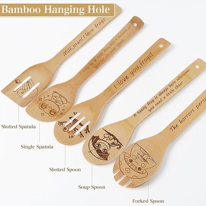 5PCS Frog Wooden Cooking Spoons Kitchen Decor Frog Gifts for Women Men Frog Lovers Birthday Gifts Party Favors Housewarming Wedding Bamboo Cooking Spoons for Everyday Use