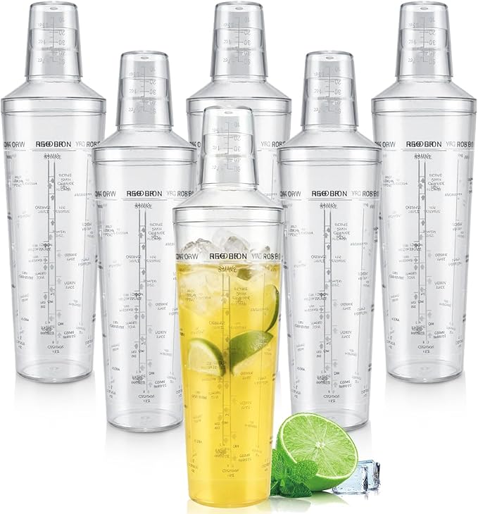 Plastic Boston Cocktail Shaker Set, 6 Pack 24oz Shatterproof Bartender Kit with Built-in Strainer Lids, Travel Bar Tools for Beginners, Mixing Martinis, Margaritas (700ML-B, 6 pack)