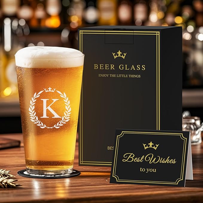 Personalized Beer Glasses Gifts for Men, 16 oz Pint Glasses Monogrammed A-Z Drinking Glass Cups Customized Gift, Unique Christmas Anniversary Birthday Gifts for Men Him Dad Brother Husband Grandpa (K)