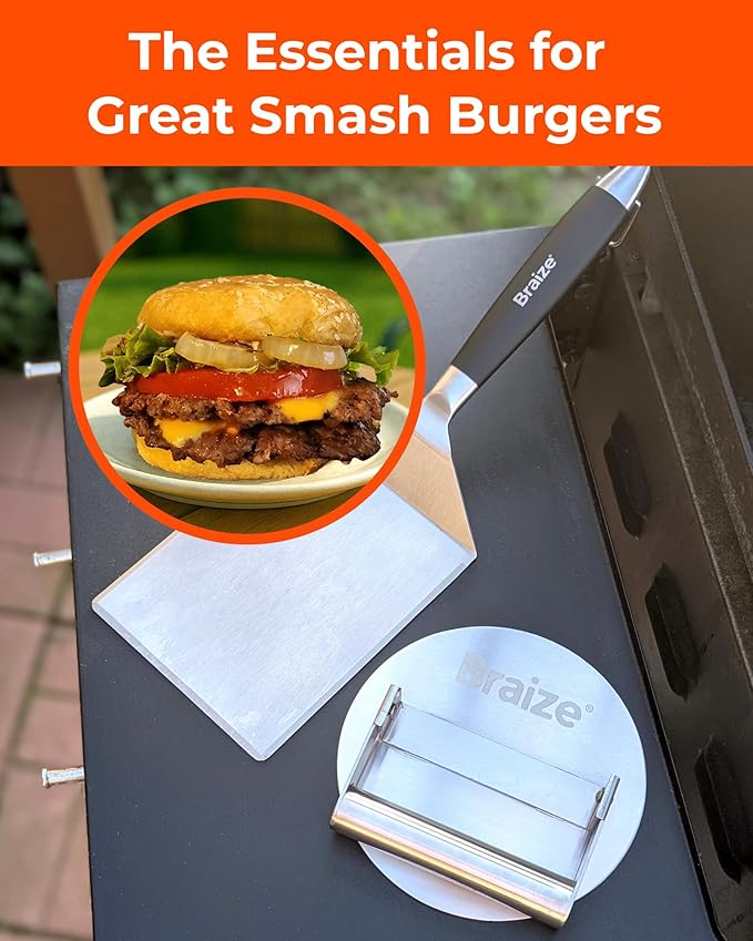 Smash Burger Press Kit, Stainless Steel Burger Press - Heavy Duty Grill Tools for Smashburgers, Flat Top Griddles, Cast Iron Pans, BBQ Accessories for Home Chefs (Spatula)