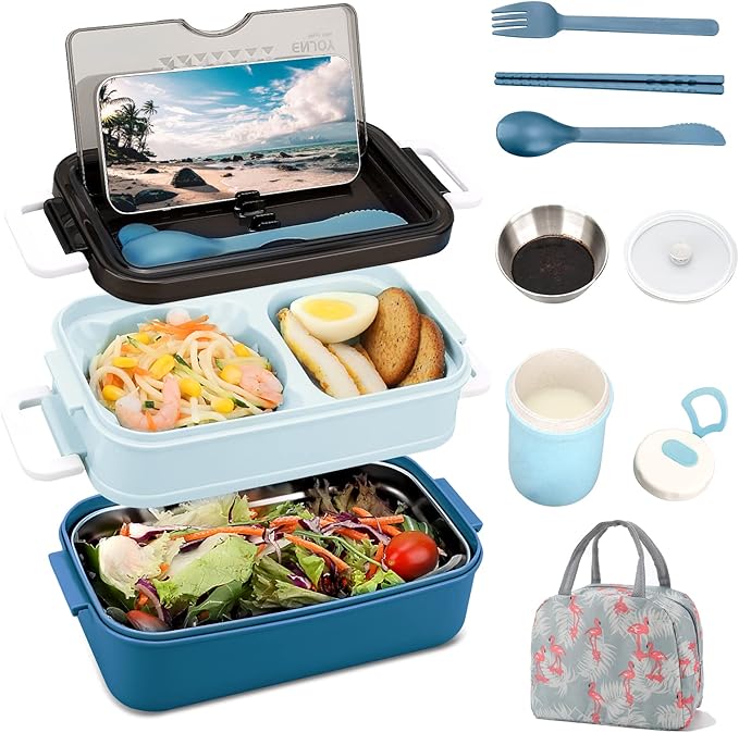 Adult Bento Lunch Box Kit, Bento Boxes Portable Lunch Box, Adult Bento Box with Lunch Bag, Bento Lunch Containers for Women, 1200ml Large Capacity Lunchbox BPA-Free(Blue Metal)