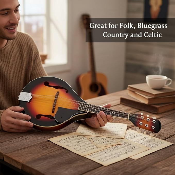 A Style Mandolin Sunset Finish 8 String Acoustic Mandolin for Beginners and Adults with Basswood Body Rosewood Fingerboard Mahogany Top Folk Bluegrass Instrument