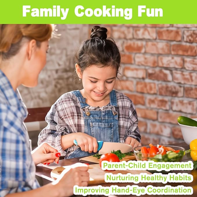 Kibbidea 13 Pcs Kids Kitchen Knife Set, Kids Cooking Sets Real with Cutting Board, Peeler, Serrated Edges Stainless Steel Toddler Safe Knife, Sandwich Cutter (Green)