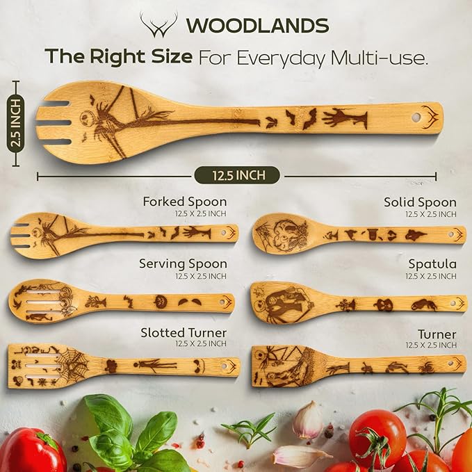 Nightmare Wooden Spoons for Cooking Before Christmas Gifts - Wooden Utensil Set with Spatulas & Spoons, Heat-Resistant, Eco-Friendly Kitchen Utensils for Non-Stick Cookware