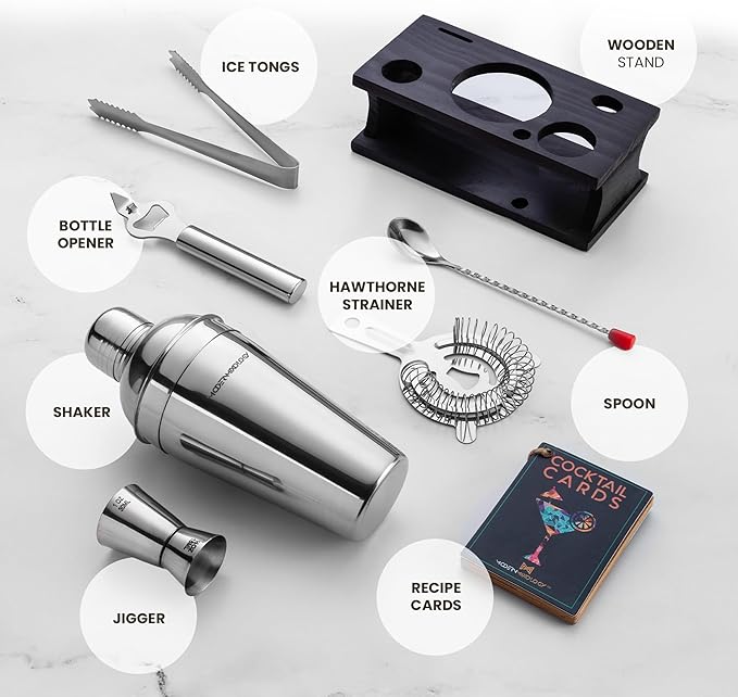 Modern Mixology Cocktail Shaker Set - 8 Piece Bartender Kit with Martini Shaker and Popular Bar Accessories on Quality Pine Stand - Leak Proof Design (Silver)