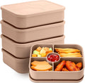 4 Pack Silicone Bento Boxes for Adults, 5 Compartment Reusable Lunch Containers with Sauce Section, Leakproof Meal Prep Snack Box Microwave & Dishwasher Safe for Work School Office(Khaki)