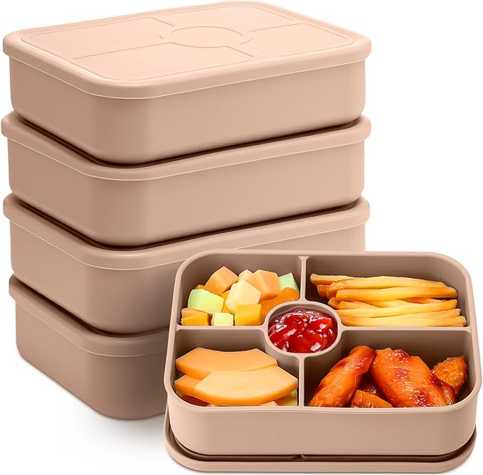4 Pack Silicone Bento Boxes for Adults, 5 Compartment Reusable Lunch Containers with Sauce Section, Leakproof Meal Prep Snack Box Microwave & Dishwasher Safe for Work School Office(Khaki)
