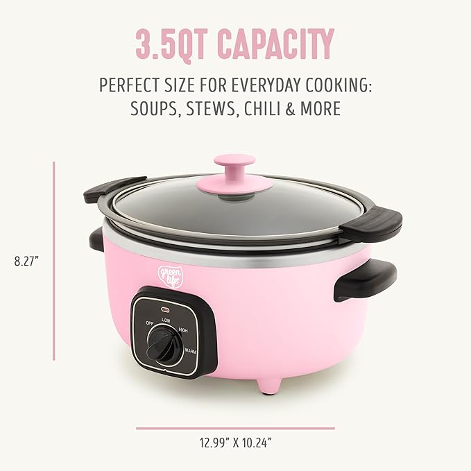GreenLife 3.5QT Slow Cooker, PFAS-Free Non-Toxic Ceramic Nonstick Removable Interior Bowl, Programmable, Keep Warm, Stovetop & Oven Safe Pot, Dishwasher Safe Crock & Glass Lid, Pink