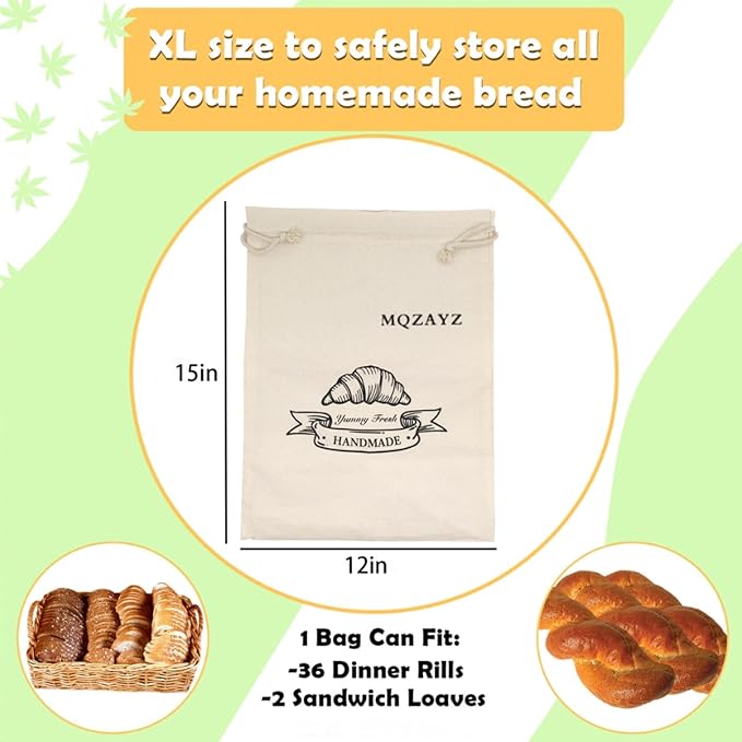 Linen Sourdough Bread Bags for Homemade Reusable Bread Storage Container Bags Eco Plastic Lining 2 Pack Small (15 x 12 in)