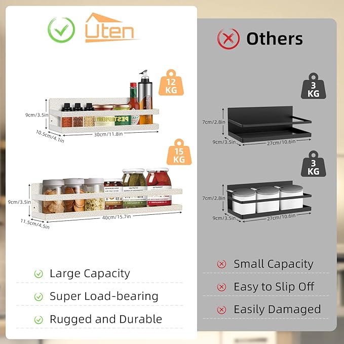 Uten Large Magnetic Spice Rack for Refrigerator, 2 Pack Strong Magnetic Shelves, Magnetic Shelf Moveable Fridge Organizer for Kitchen Holding Spices, Jars, Perfect Space Saver Storage Spice Rack