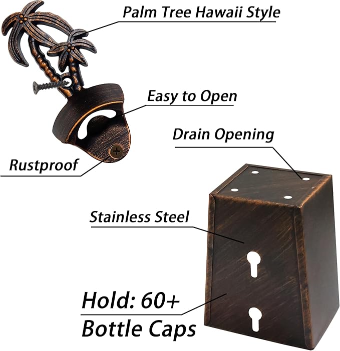 Vintage Wall Mount Bottle Opener Palm Tree Beer Top Opener with Cap Catcher Outdoor for Beach Theme Gifts (Aged Copper)