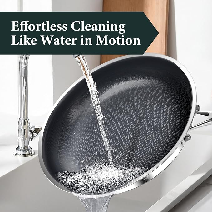 Non Stick 12-Inch Pan, Titanium Hybrid Pan with Lid, Stay-Cool Handle, Professional Frying Pan, Dishwasher Friendly, Oven Safe, Compatible with All Cooktop