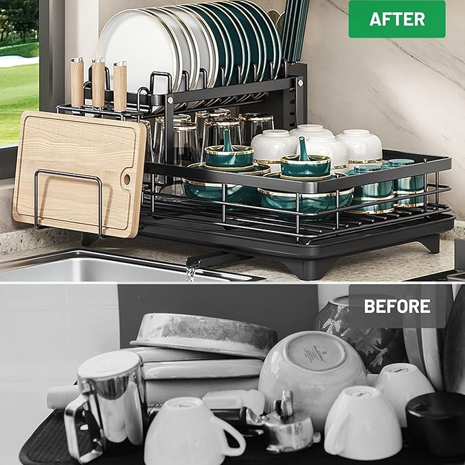 Drying Rack Kitchen, 2 Tier Dish Drying Rack, Space-Saving Large Dish Racks for Kitchen Counter with Drainboard Extendable Spout Strainers & Utensil Holder and Knife Slots (Black-2)