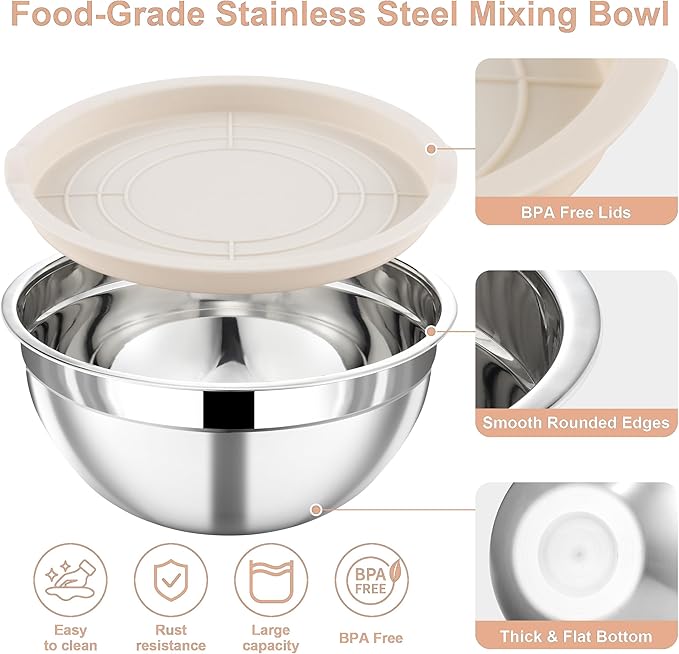 7 Piece Stainless Steel Mixing Bowls with Lids Set - Khaki Nesting Metal Mixing Bowls for Kitchen, Sizes 4.5, 4, 3.5, 2.1, 1.5, 1.1, 0.7 Qt for Baking, Cooking and Serving, Dishwasher Safe