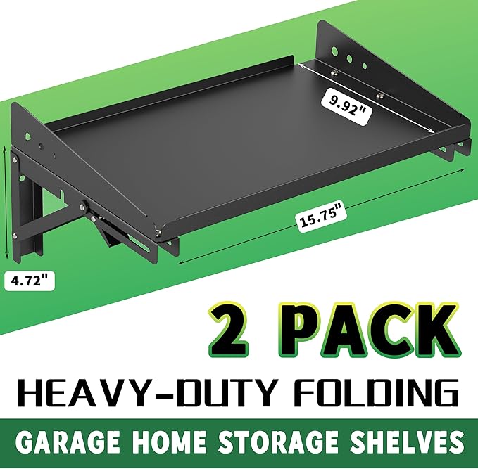 ULIBERMAGNET Garage Folding Storage Rack Shelves,200LB Metal Wall Mounted Adjustable Rail Shelf for Garage,Power Tools,Toolbox,Storage Shelves with Lip for Workshop Kitchen Office (2 Pack)