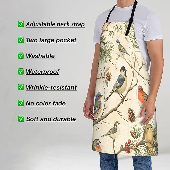 Birds Rustic Print Apron for Women, 28x33in, Kitchen Chef Aprons with 2 Pockets, Polyester, Watercolor Spring Apron for Cooking BBQ Baking Gardening Chef, Gifts for Mom Wife Dad