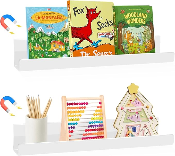 2 Pack Magnetic Book Shelf for Classroom, Strong 8.8lb Magnet Acrylic Whiteboard Shelves, Teacher Supplies Organizer for Kids Books, Posters, Flash Cards, Classroom Accessories Storage (white)