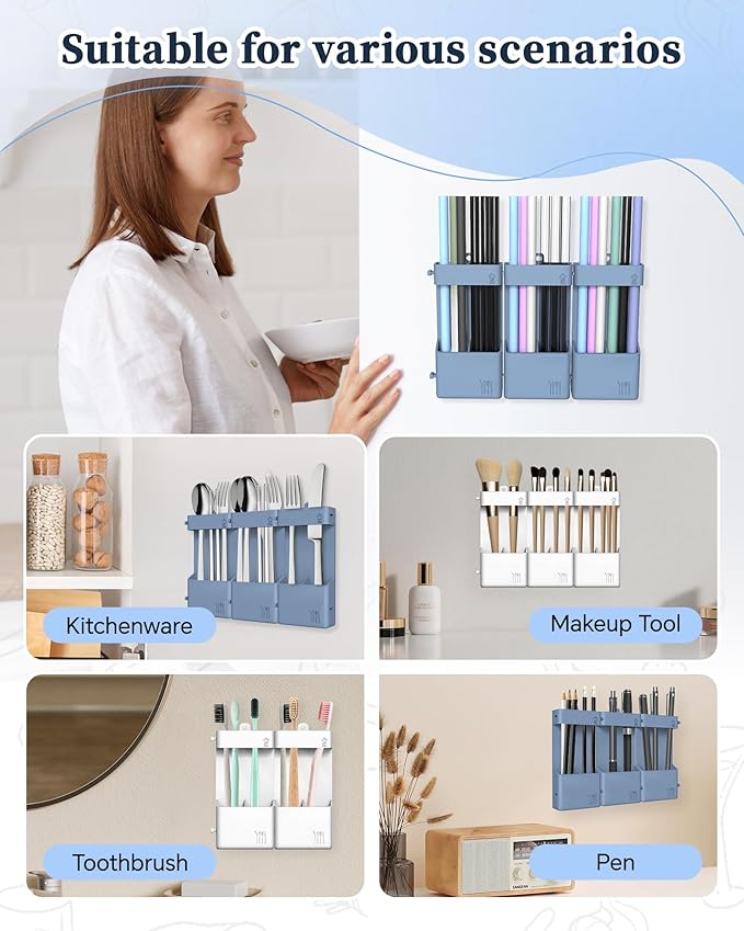 Magnetic Straw Holder for Cabinet Door, Silicone Straw Organizer,Straws Storage Container with Double Sided Adhesive,Reusable Straws Dispenser for Kitchen Fridge Cupboard (White+Blue)