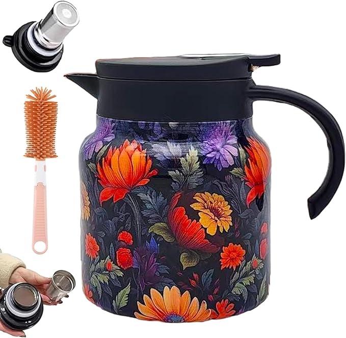 Vintage Floral Pattern Teapot – Built-In Infuser, 800ML/1000ML Heatproof Stainless Steel Teapot with Lid for Hot Drinks (Orange, 800ml-Plastic handle)