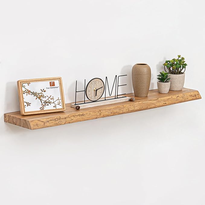 Fun Memories Floating Shelves for Wall Set of 2, Rustic Solid Elm Wood Wall Shelves 24 Inch - Invisible Bracket Mount for Living Room, Bathroom, Bedroom, Kitchen, Natural