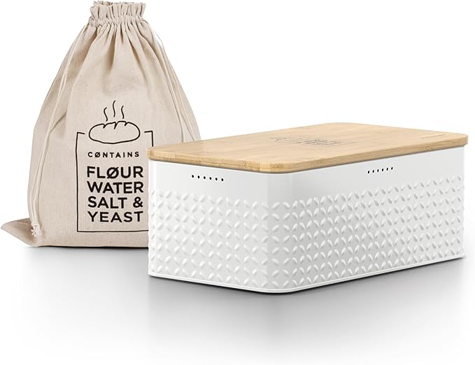 LARS NYSØM Bread Box I Metal Box with linen bag for long lasting freshness I Bread Bin with bamboo lid usable as cutting board I 13.4x7.3x5.3In (Pure White)