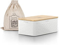 LARS NYSØM Bread Box I Metal Box with linen bag for long lasting freshness I Bread Bin with bamboo lid usable as cutting board I 13.4x7.3x5.3In (Pure White)