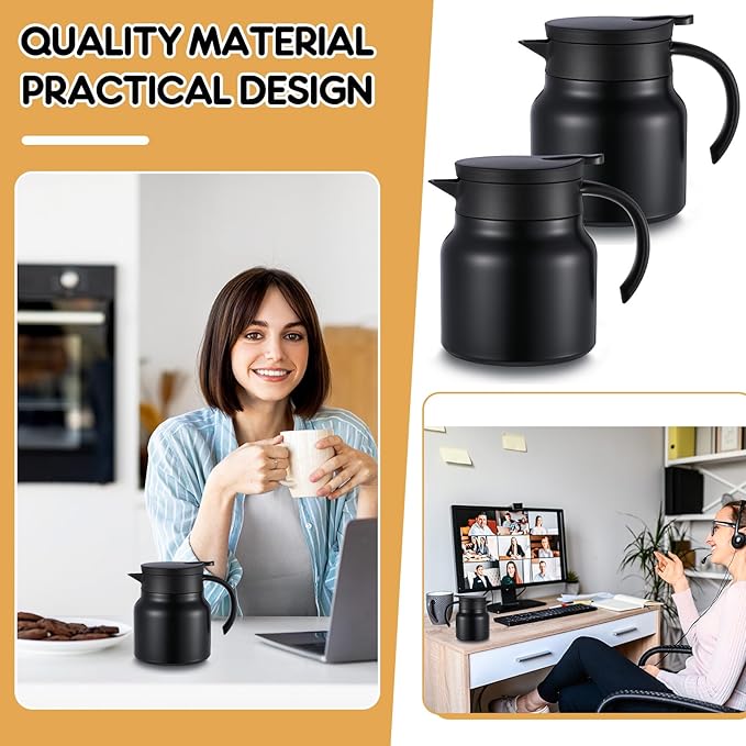 2 Pcs Thermal Coffee Carafe for Keeping Hot/Cold Stainless Steel Small Coffee Creamer Container Double Wall Vacuum Insulated Tea pot Beverage Dispenser for Milk Hot Chocolates(Black,27 oz)