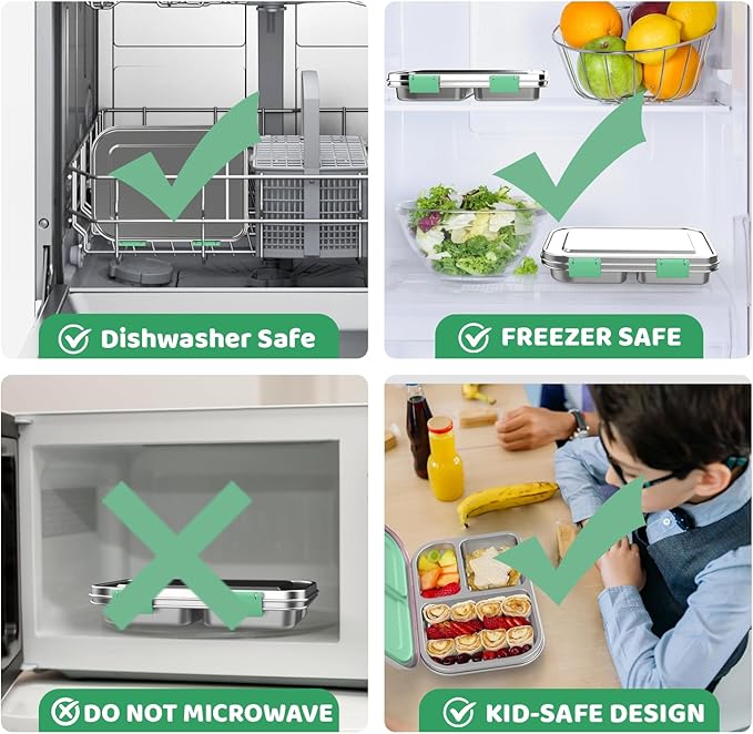Stainless Steel Lunch Box 1000ml - 3 Compartment Bento Box for Kids & Adults, Leakproof Food Container, BPA-Free Metal Lunch Box with Silicone Seal, Eco-Friendly/Dishwasher Safe (Green)