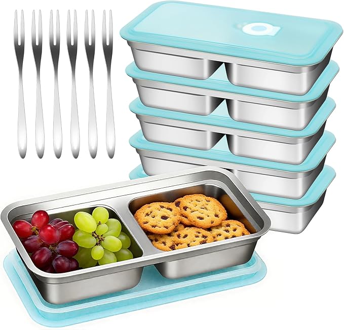 Stainless Steel Snack Containers with Lids, Reusable Bento Lunch Container Box, Food Storage, Leak Proof, Dishwasher-Safe, Grab and Go for Work, 6 Pack (Double Compartment)