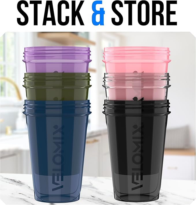 VELOMIX -6 PACK- Shaker Cups for Protein Shakes 20 oz - 6x Wire Whisk | Leak Proof Protein Shaker Bottle for Protein Shakes, Shaker Bottle Pack for Pre & Post Workout, Shaker Cup (Muted Contrast)
